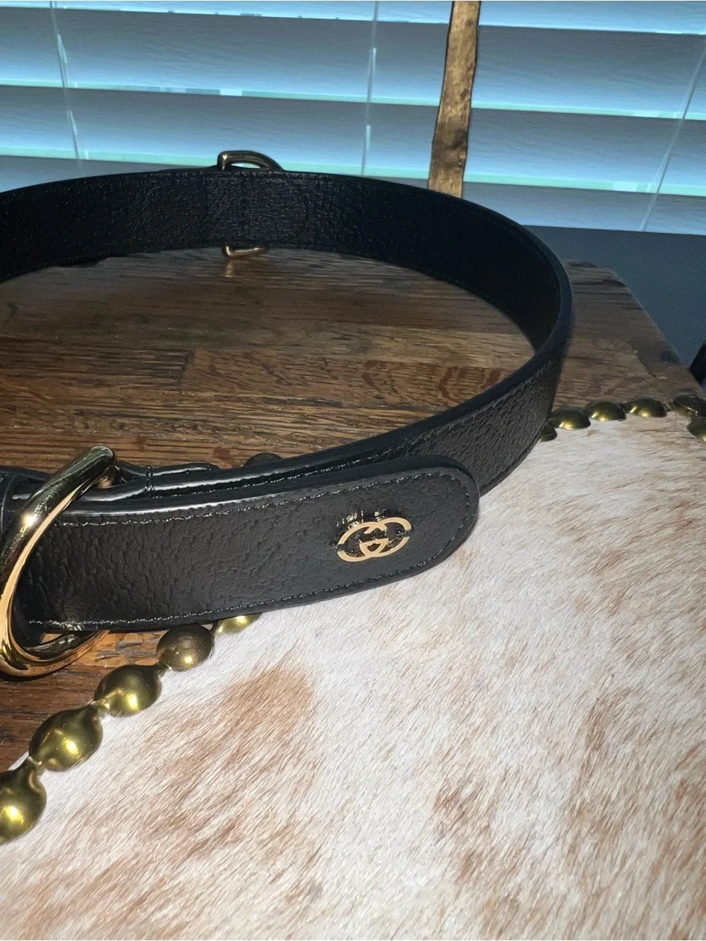 Gucci Black Leather dog collar with Gold Hardware
